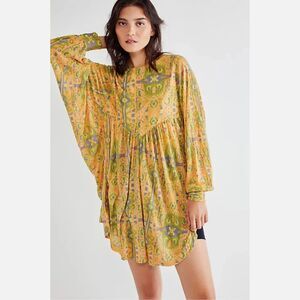 Free People This Is It Tunic Sun Faded Printed Billowy Boho Kimono Top Size XS